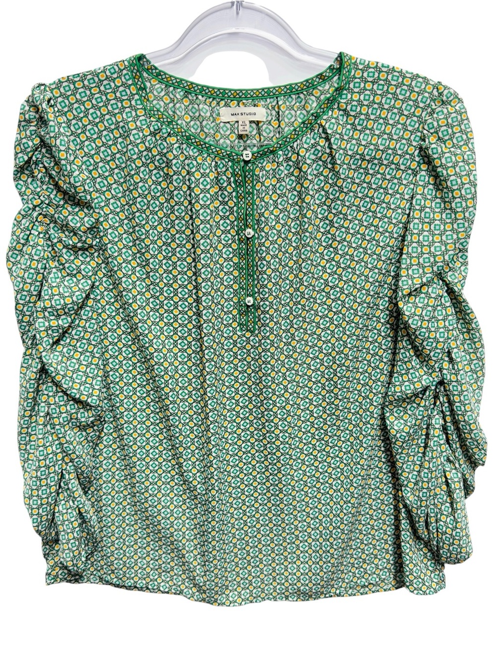 Tuxedo Silky Knit Cloves Mosaic Art Puffy Blouse Top